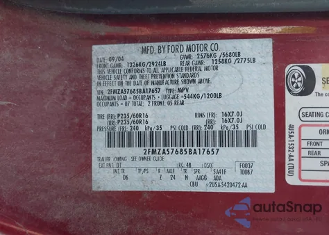 2005 Ford Freestar Ses из США, поврежденный, VIN 2FMZA57685BA17657